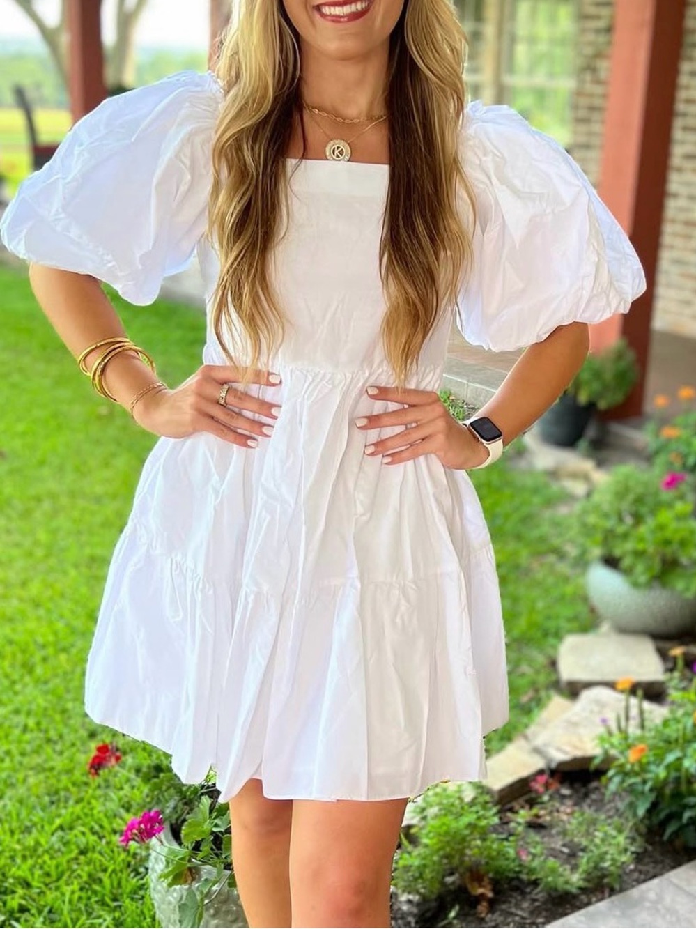 Square-Neck White Puff-Sleeve Tiered Mini Dress
